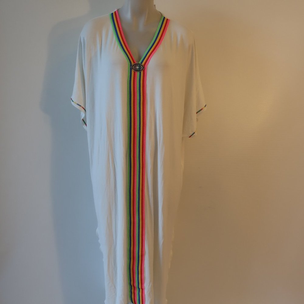 NWT Womens Meet Me in Miami White Multicolor Coachella Kaftan Maxi Dress OS *